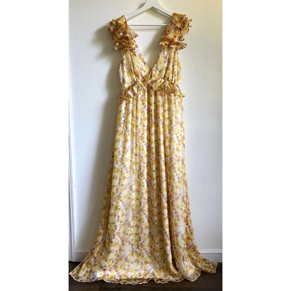 Aakaa Maxi Dress M Yellow White Floral Chiffon Ruffle Open Back fairy cottage wh